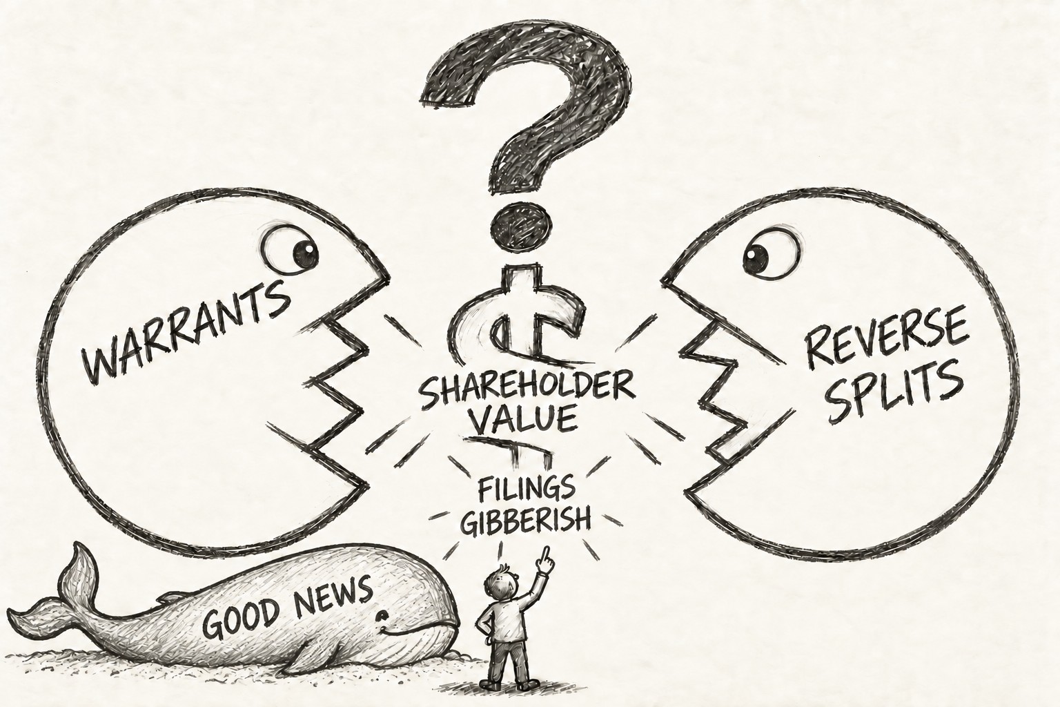 Black-and-white drawing: two giant mouths labeled Warrants and Reverse Splits close in on Shareholder Value, while a whale labeled Good News lies beached and a small figure points at Filings Gibberish.